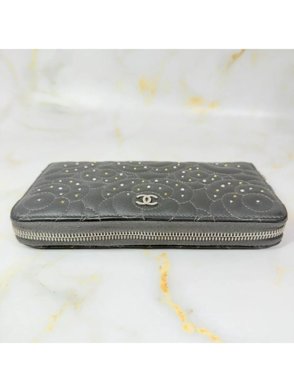 Chanel Camellia Studded Zip Around Wallet